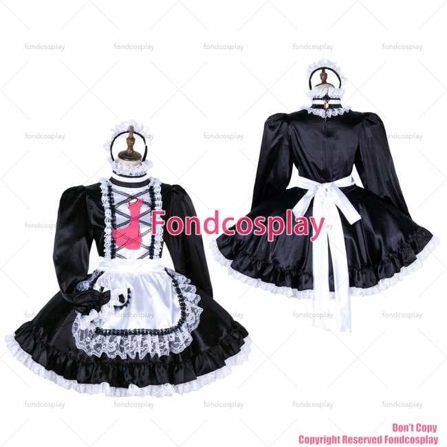 fondcosplay adult sexy cross dressing sissy maid short lockable black satin dress Uniform white apron costume CD/TV[G1776]