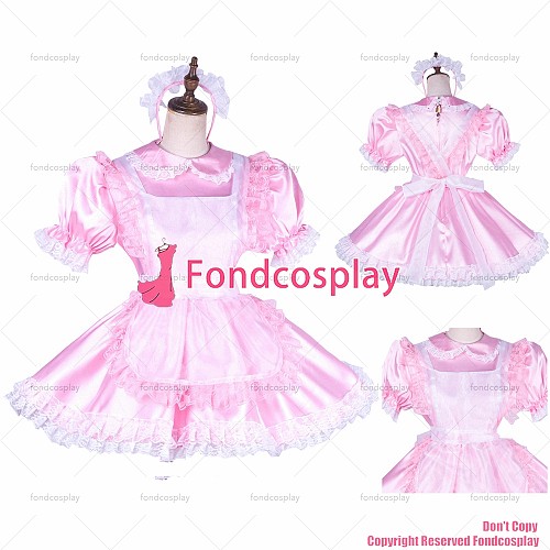 fondcosplay adult sexy cross dressing sissy maid short lockable baby pink satin organza dress Uniform apron CD/TV[G1765]