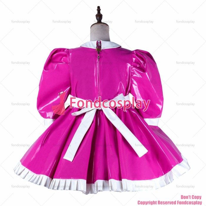 fondcosplay adult sexy cross dressing sissy maid short hot pink heavy pvc dress lockable peter pan collar CD/TV[G2160]