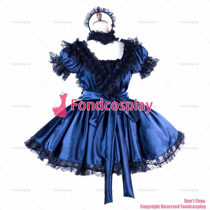 fondcosplay adult sexy cross dressing sissy maid short Navy Satin dress Uniform black apron costume CD/TV[G2006]
