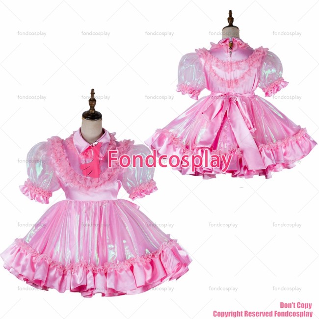 fondcosplay adult sexy cross dressing sissy maid short lockable Baby pink Satin Organza dress Outfit CD/TV[G2019]