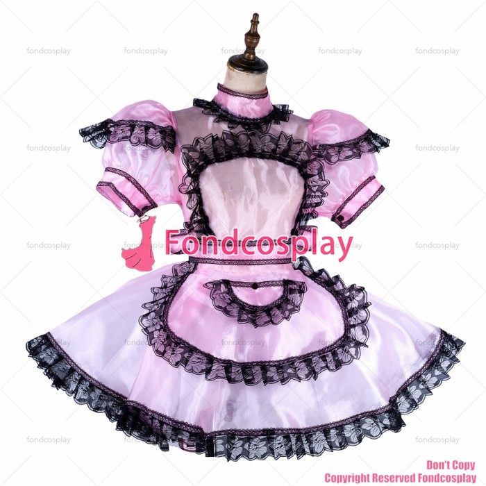 fondcosplay adult sexy cross dressing sissy maid lockable baby pink Organza dress see through Outfit apron CD/TV[G2015]