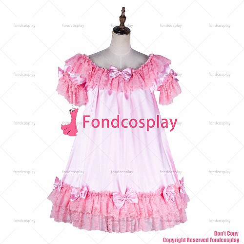 fondcosplay adult sexy cross dressing sissy maid short pink satin dress headpiece lockable Uniform costume CD/TV[G2054]