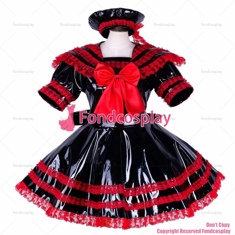 fondcosplay adult sexy cross dressing sissy maid short lockable black heavy PVC dress Uniform hat costume CD/TV[G1744]