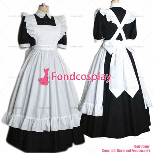 fondcosplay adult sexy cross dressing sissy maid long black cotton dress lockable Uniform white apron costume CD/TV[G2189]