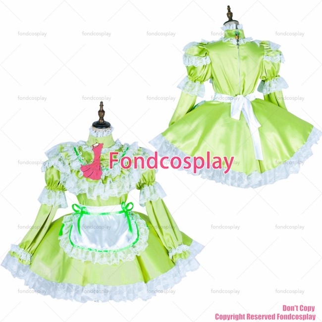 fondcosplay adult sexy cross dressing sissy maid short lockable Grass green satin dress Uniform white apron CD/TV[G1799]