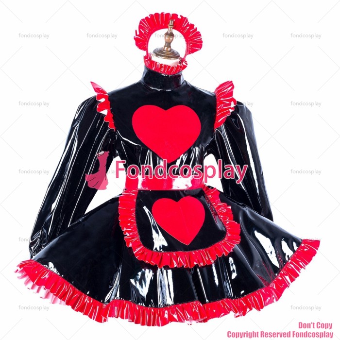 fondcosplay adult sexy cross dressing sissy maid black heavy pvc dress lockable Uniform Heart apron costume CD/TV[G2193]