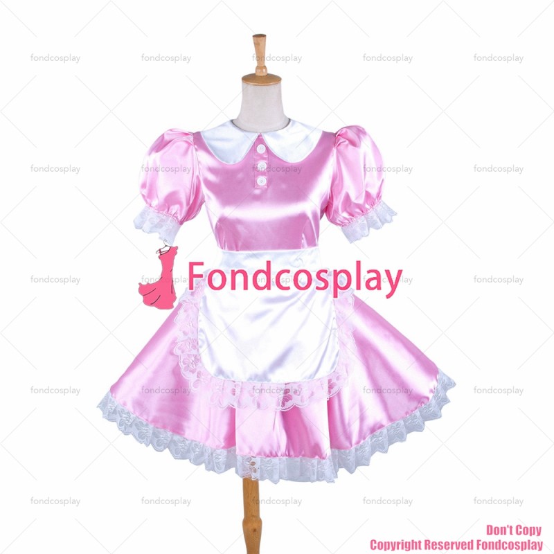 fondcosplay adult sexy cross dressing sissy maid short baby pink satin pink dress lockable Peter Pan collar CD/TV[G192]