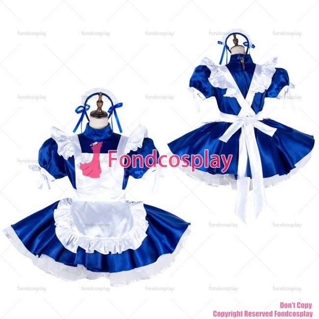 fondcosplay adult sexy cross dressing sissy maid short blue satin dress lockable Uniform white apron costume CD/TV[G2032]