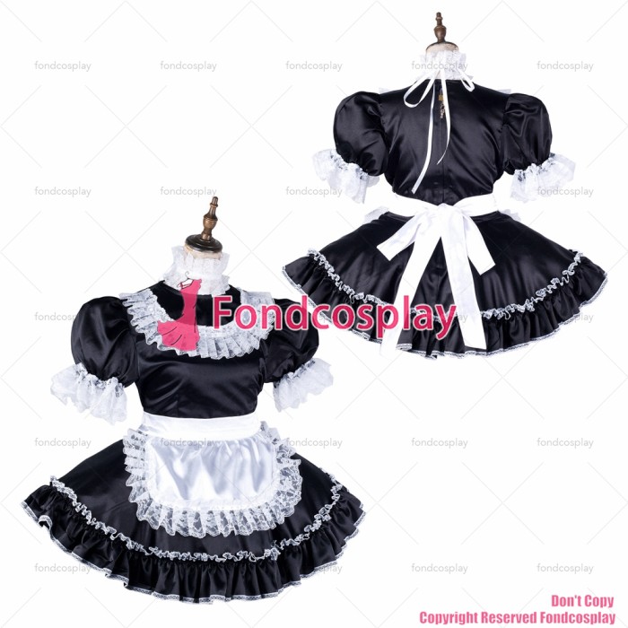 fondcosplay adult sexy cross dressing sissy maid short black satin dress lockable Uniform white apron costume CD/TV[G2117]