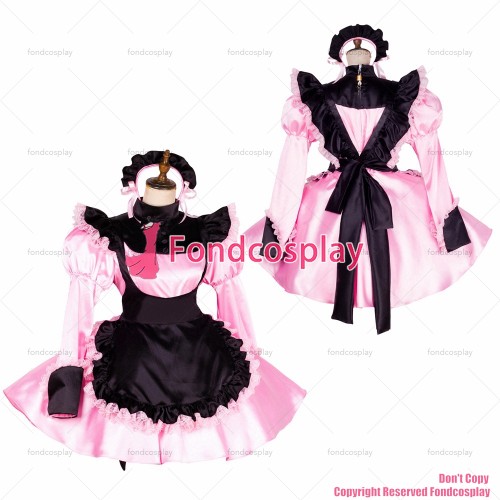 fondcosplay adult sexy cross dressing sissy maid short lockable baby pink satin dress Uniform black apron CD/TV[G1792]