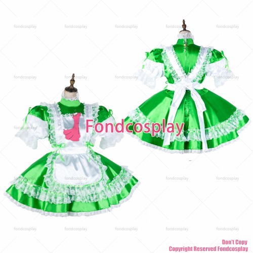 fondcosplay adult sexy cross dressing sissy maid short green satin dress lockable Uniform white apron costume CD/TV[G2040]
