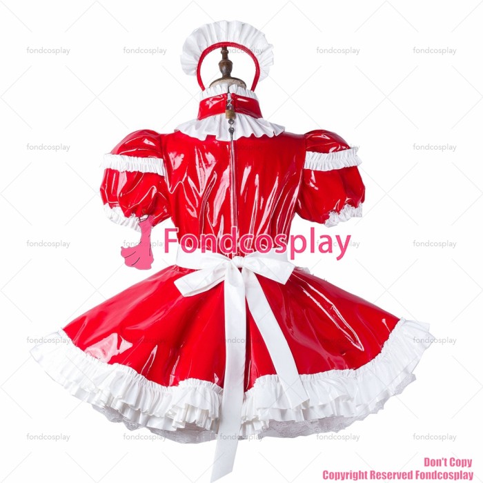 fondcosplay adult sexy cross dressing sissy maid short red heavy pvc dress lockable Uniform apron costume CD/TV[G2211]