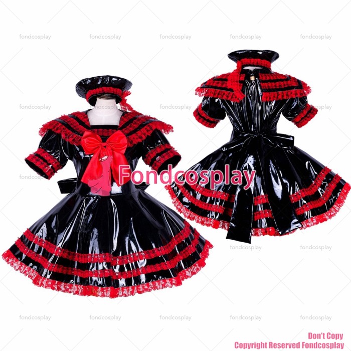 fondcosplay adult sexy cross dressing sissy maid short lockable black heavy PVC dress Uniform hat costume CD/TV[G1744]
