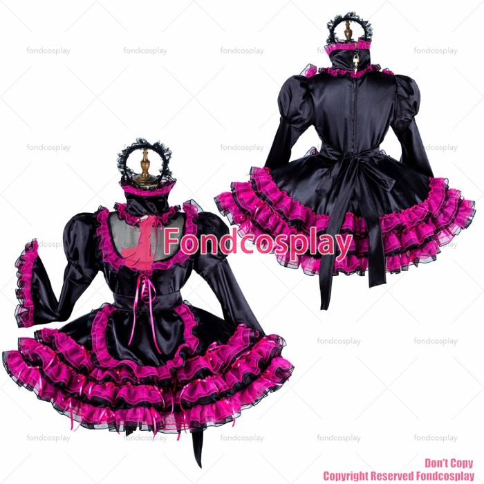 fondcosplay adult sexy cross dressing sissy maid short lockable black satin hot pink Organza dress Uniform CD/TV[G1989]