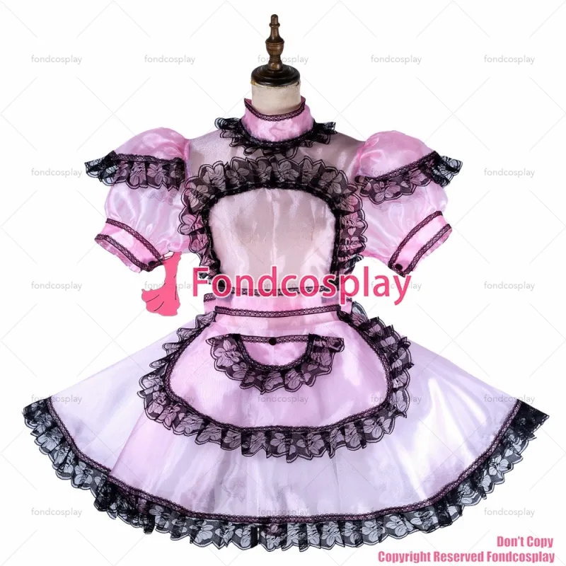 fondcosplay adult sexy cross dressing sissy maid lockable baby pink Organza dress see through Outfit apron CD/TV[G2015]