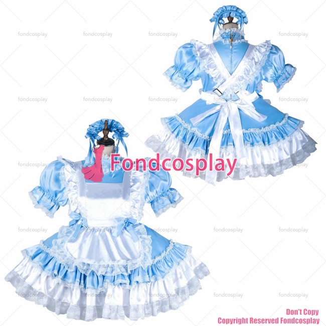 fondcosplay adult sexy cross dressing sissy maid short baby blue satin dress white apron lockable Uniform CD/TV[G2151]