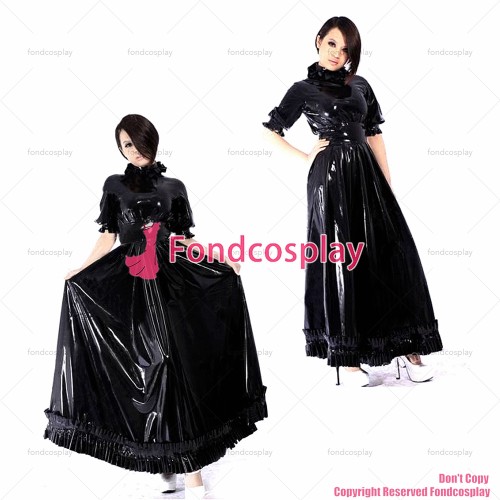 fondcosplay adult sexy cross dressing sissy maid long black thin pvc dress lockable Uniform cosplay costume CD/TV[G2184]