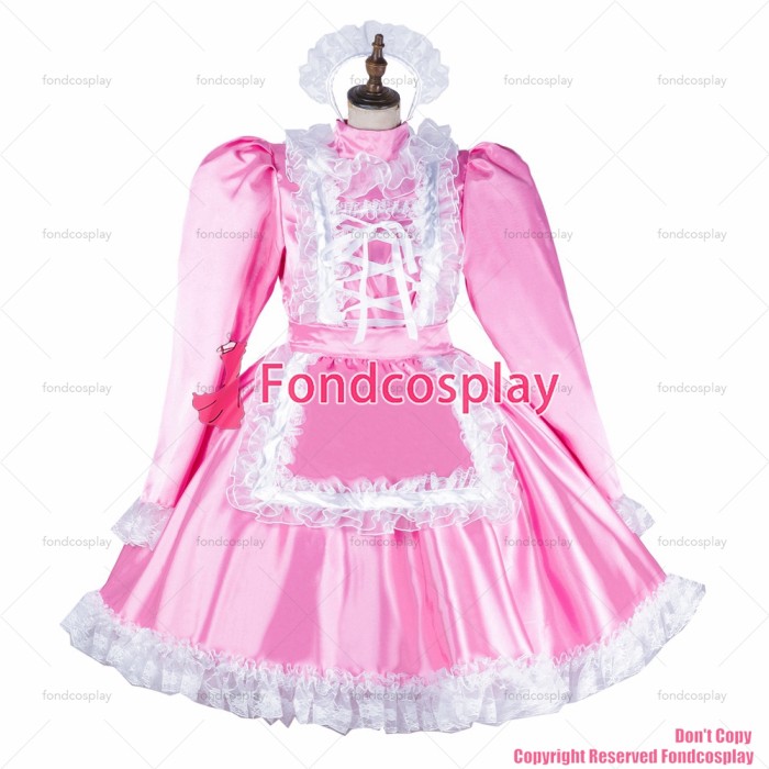 fondcosplay adult sexy cross dressing sissy maid short baby pink satin dress lockable Uniform apron costume CD/TV[G2051]