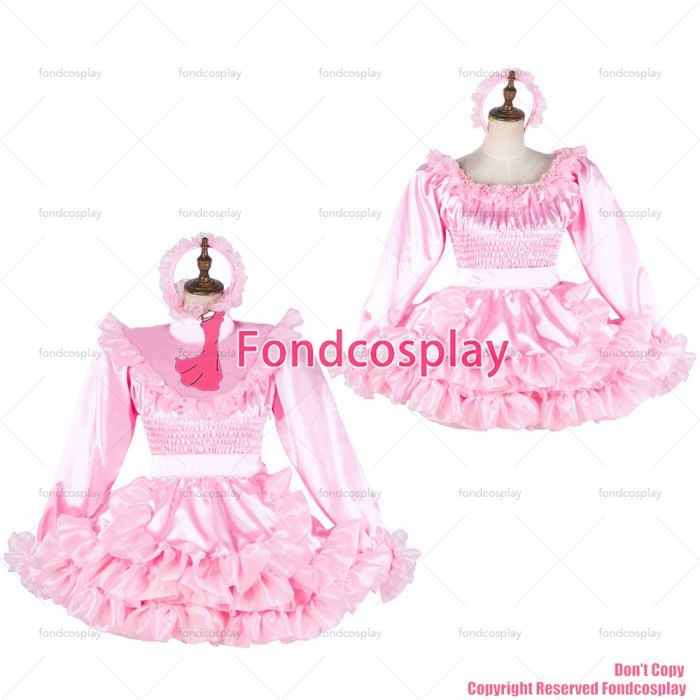 fondcosplay adult sexy cross dressing sissy maid short baby pink satin dress lockable Uniform apron costume CD/TV[G2041]