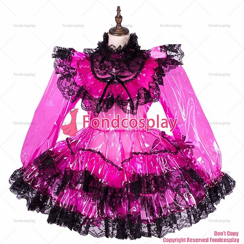 fondcosplay adult sexy cross dressing sissy maid short hot pink Clear PVC lockable dress TPU Uniform CD/TV[G1764]