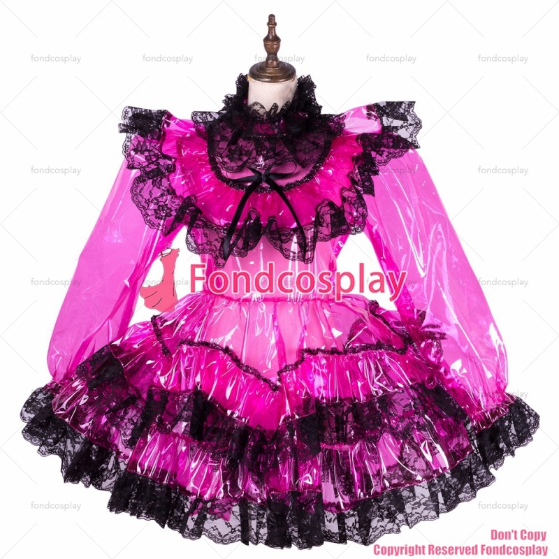 fondcosplay adult sexy cross dressing sissy maid short hot pink Clear PVC lockable dress TPU Uniform CD/TV[G1764]