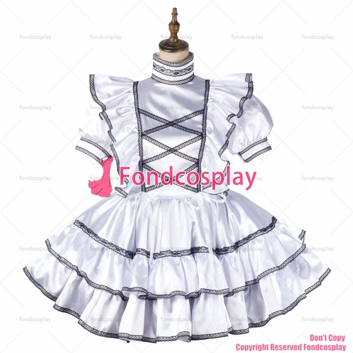 fondcosplay adult sexy cross dressing sissy maid short white satin dress lockable Uniform cosplay costume CD/TV[G2175]