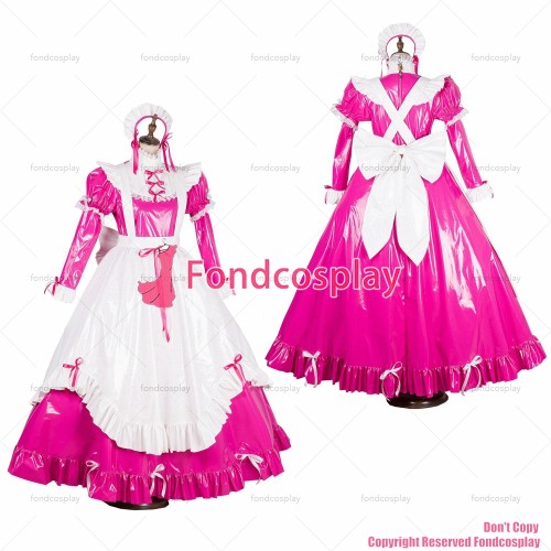 fondcosplay adult sexy cross dressing sissy maid long lockable hot pink thin PVC vinyl dress Uniform costume CD/TV[G1784]