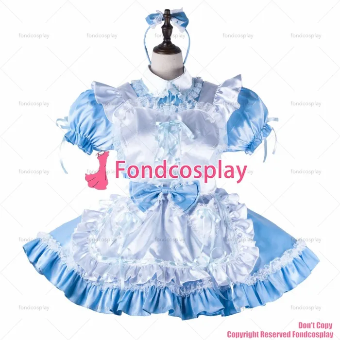 fondcosplay adult sexy cross dressing sissy maid baby blue satin dress lockable Uniform white apron costume CD/TV[G2221]