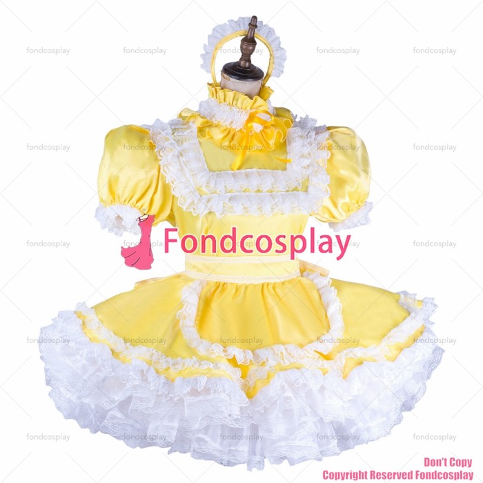 fondcosplay adult sexy cross dressing sissy maid baby yellow satin dress lockable Uniform apron costume CD/TV[G2053]