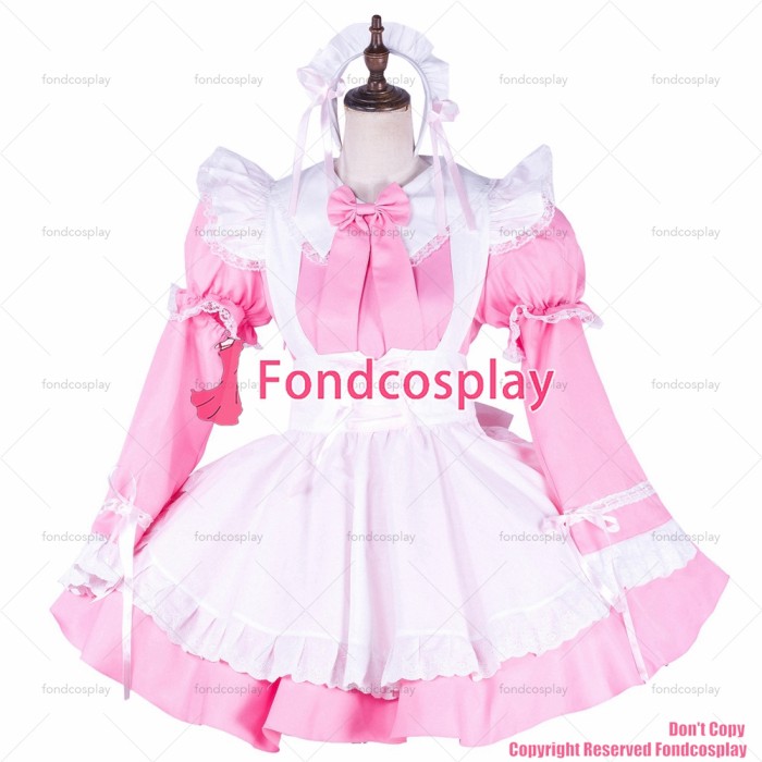 fondcosplay adult sexy cross dressing sissy maid baby pink cotton dress lockable Uniform white apron costume CD/TV[G1746]