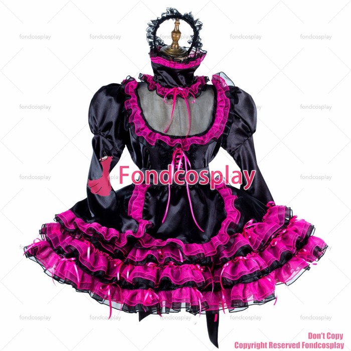 fondcosplay adult sexy cross dressing sissy maid short lockable black satin hot pink Organza dress Uniform CD/TV[G1989]