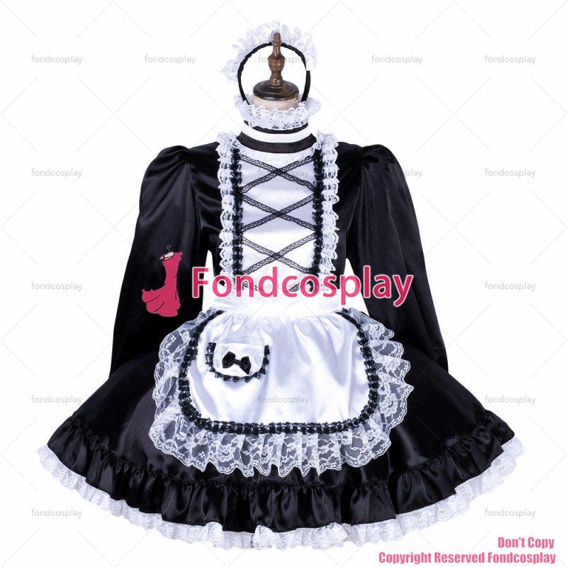fondcosplay adult sexy cross dressing sissy maid short lockable black satin dress Uniform white apron costume CD/TV[G1776]