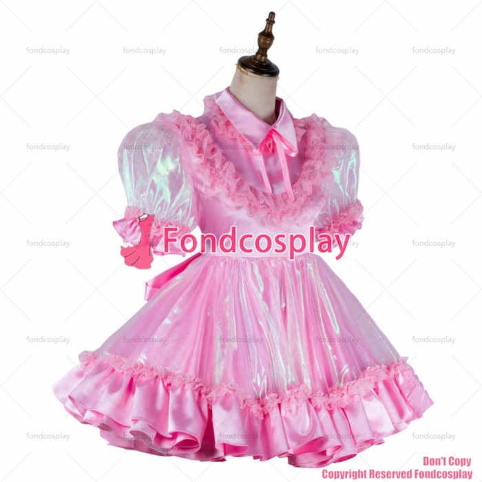 fondcosplay adult sexy cross dressing sissy maid short lockable baby pink Satin Organza dress Outfit CD/TV[G2018]
