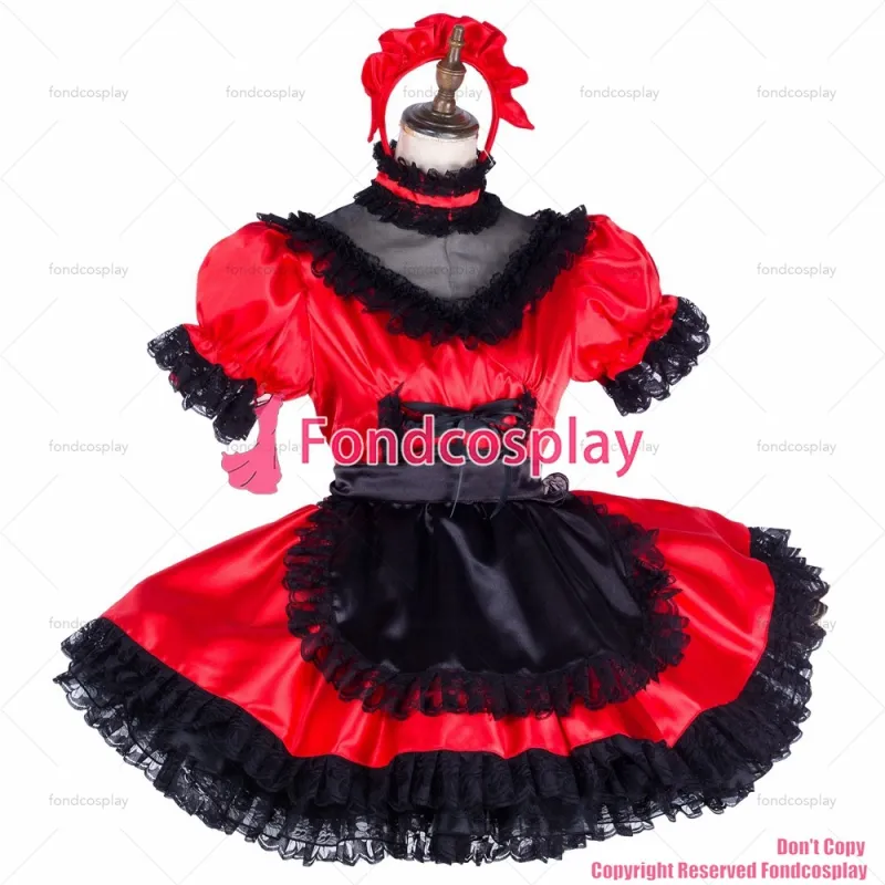 fondcosplay adult sexy cross dressing sissy maid short lockable red Satin Uniform black apron costume CD/TV[G1994]