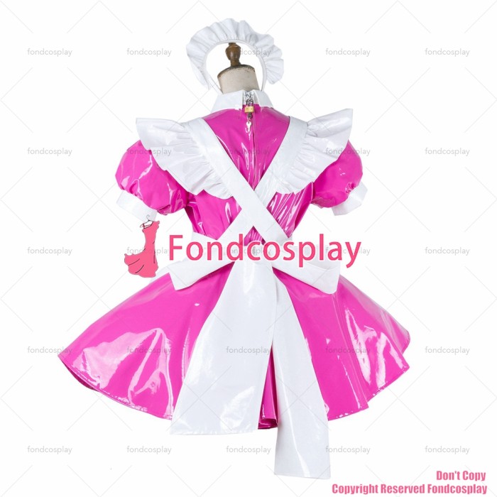 fondcosplay adult sexy cross dressing sissy maid lockable hot pink thin PVC dress vinyl Uniform white apron CD/TV[G2008]