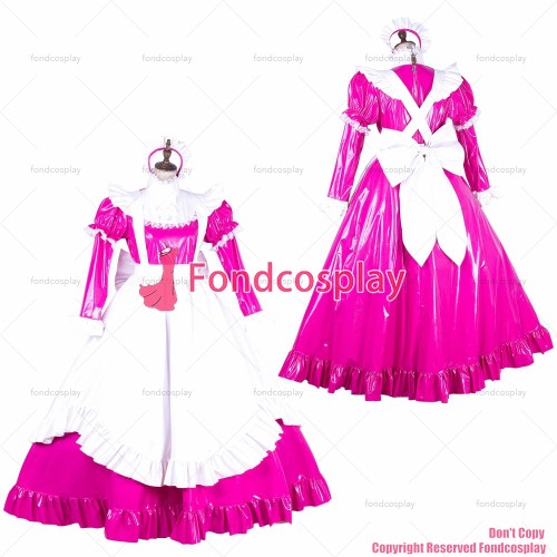 fondcosplay adult sexy cross dressing sissy maid long lockable hot pink thin PVC vinyl dress white apron CD/TV[G1774]