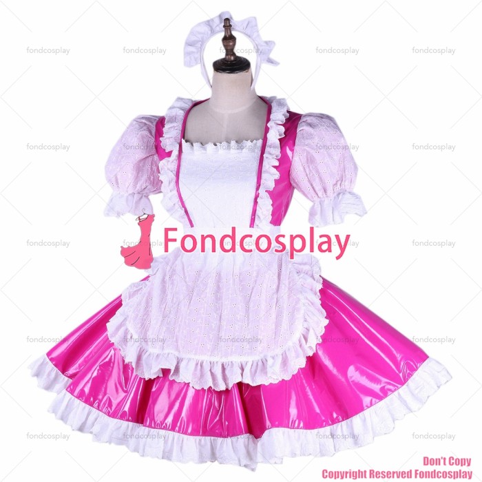 fondcosplay adult sexy cross dressing French sissy maid lockable hot pink thin PVC Dress Uniform white apron CD/TV [G1658]