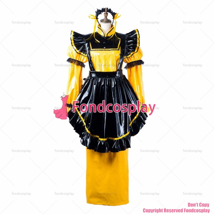 fondcosplay adult sexy cross dressing sissy maid long yellow thin pvc dress lockable Uniform black apron CD/TV[G2199]