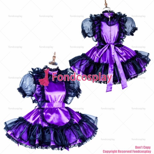 fondcosplay adult sexy cross dressing sissy maid short lockable Purple Satin Organza dress Uniform apron CD/TV[G2010]