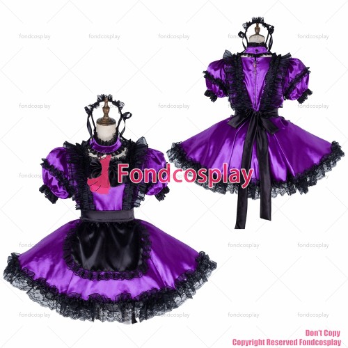 fondcosplay adult sexy cross dressing sissy maid short lockable Purple Satin Uniform black apron costume CD/TV[G1990]