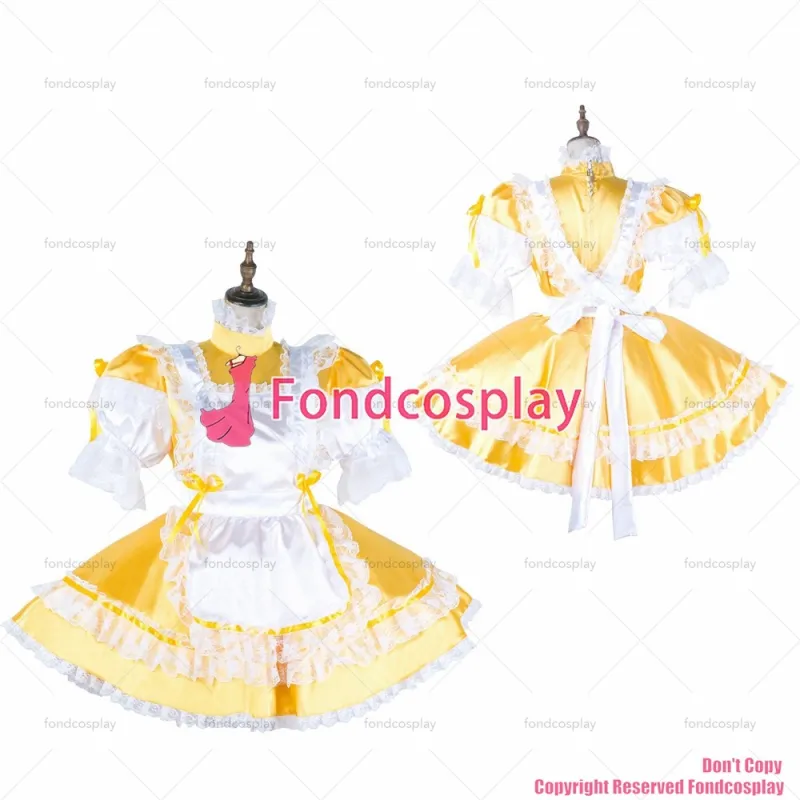 fondcosplay adult sexy cross dressing sissy maid short yellow satin dress lockable white arpon Uniform CD/TV[G2039]