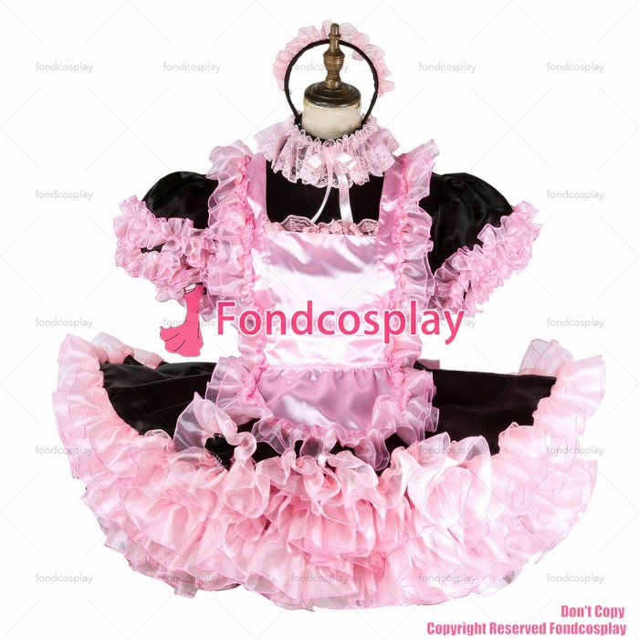fondcosplay adult sexy cross dressing sissy maid short black satin dress lockable pink organza Uniform CD/TV[G2045]