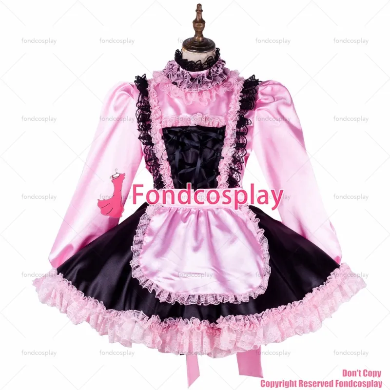 fondcosplay adult sexy cross dressing sissy maid short lockable baby pink Satin dress Uniform apron costume CD/TV[G2011]