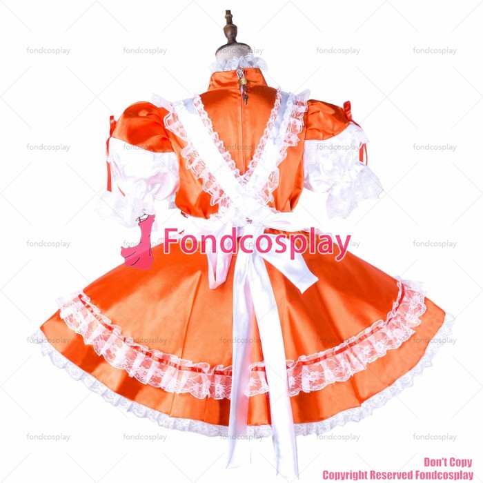 fondcosplay adult sexy cross dressing sissy maid short Orange satin dress lockable white apron Uniform CD/TV[G2038]
