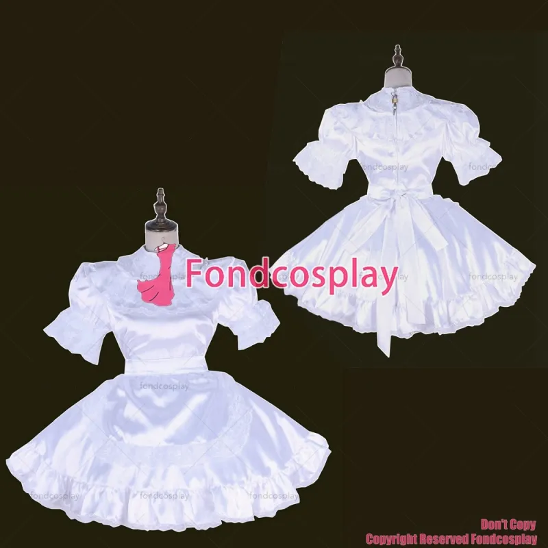 fondcosplay adult sexy cross dressing sissy maid short lockable white Satin dress Uniform apron costume CD/TV[G1659]