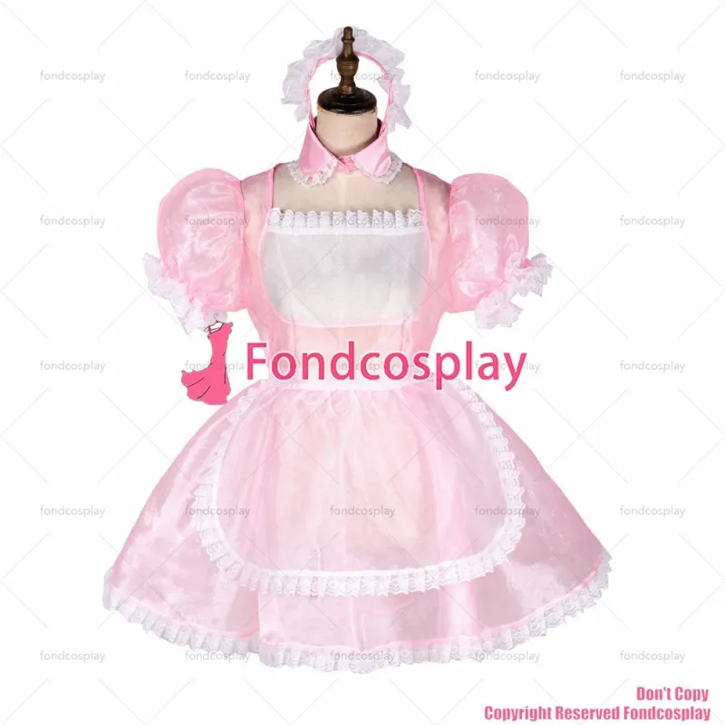 fondcosplay adult sexy cross dressing sissy maid short baby pink Organza lockable dress apron costume CD/TV[G1781]