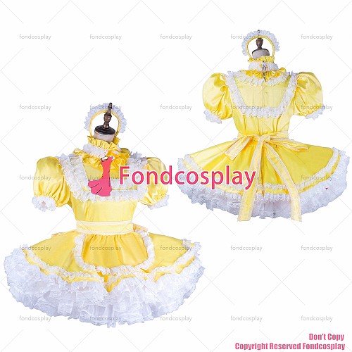 fondcosplay adult sexy cross dressing sissy maid baby yellow satin dress lockable Uniform apron costume CD/TV[G2053]
