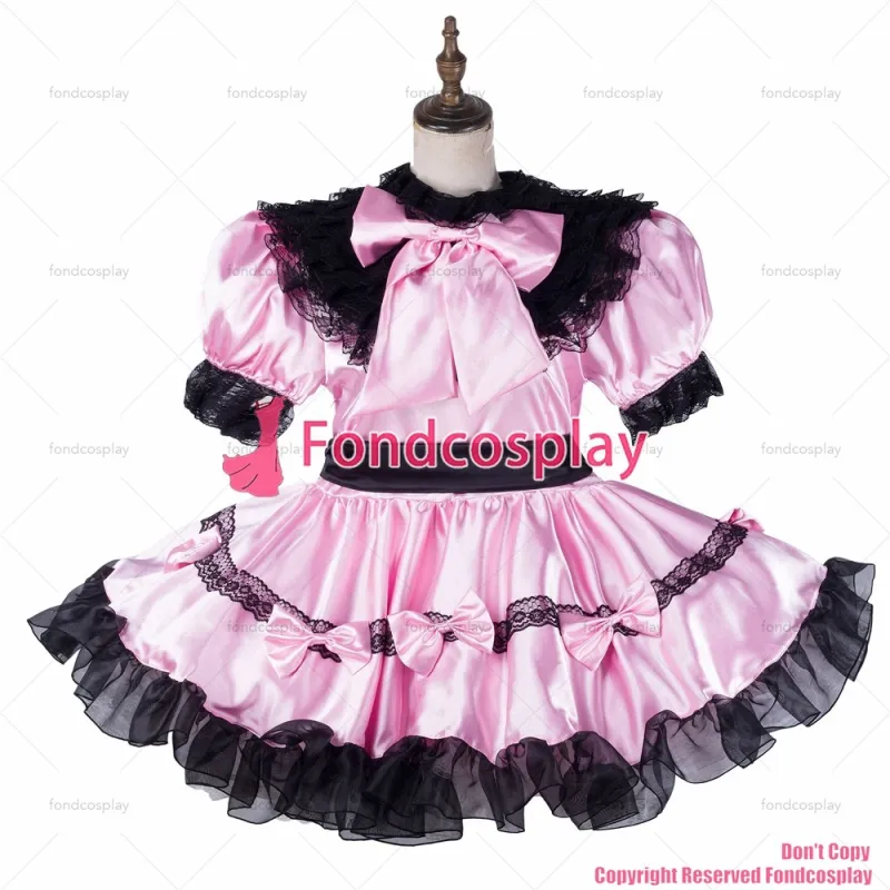 fondcosplay adult sexy cross dressing sissy maid short baby pink satin dress lockable Uniform cosplay costume CD/TV[G2152]