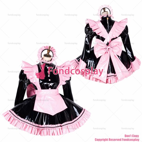 fondcosplay adult sexy cross dressing sissy maid lockable black heavy PVC vinyl dress Uniform pink apron CD/TV[G1797]